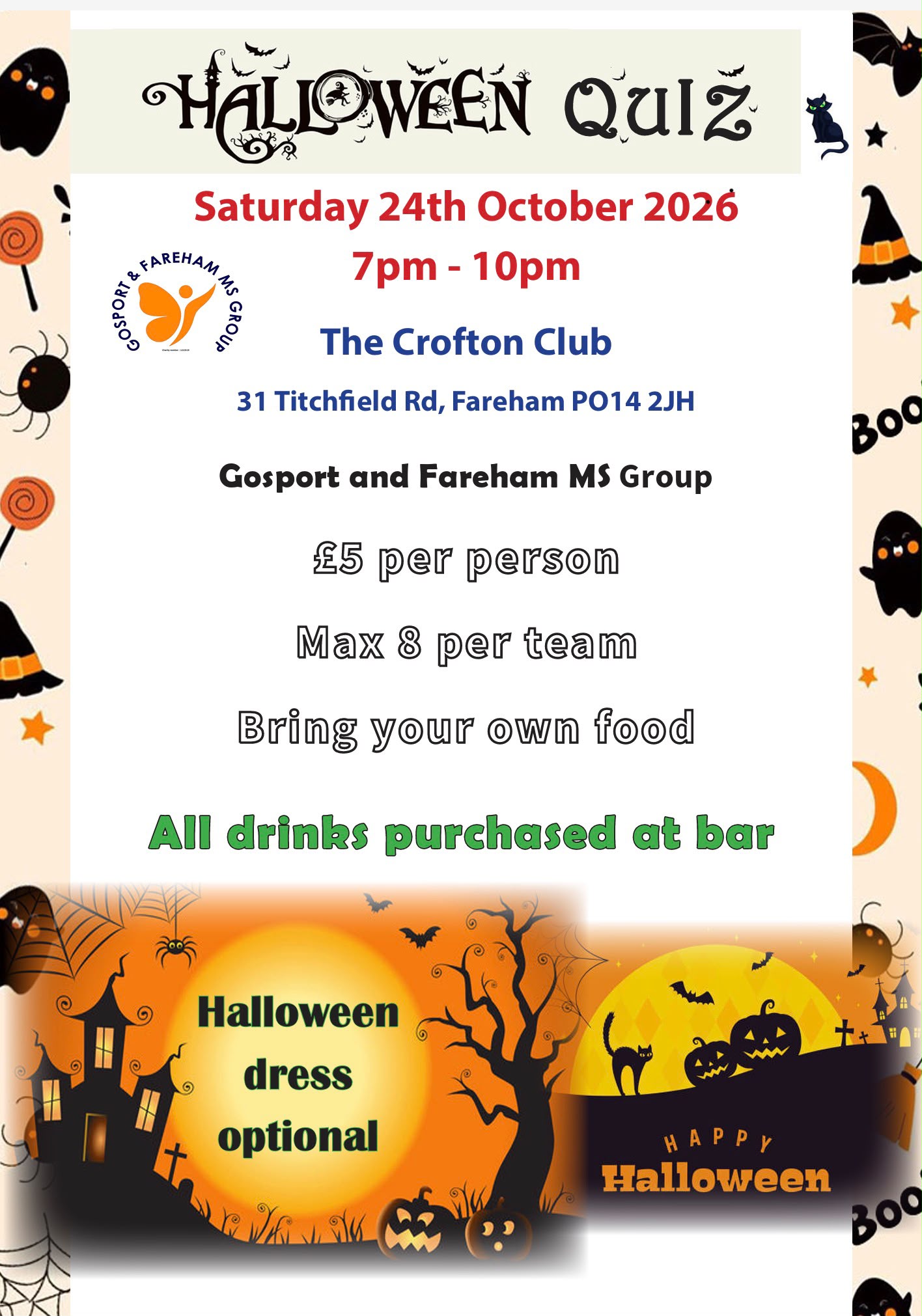Halloween Quiz flyer — Saturday 24th October 2026, 7pm–10pm at The Crofton Club, Fareham. £5 per person, max 8 per team.